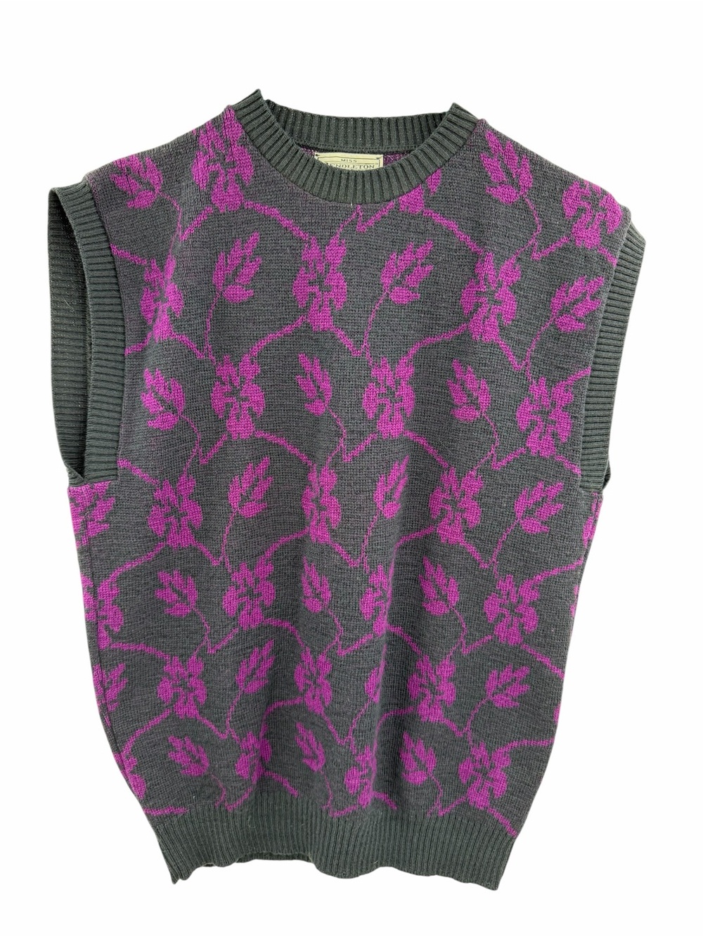 Miss Pendleton vintage knit vest dark grey 100% wool purple floral pattern‎ Med